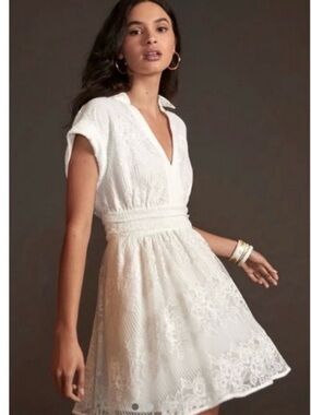 Anthropologie Maeve White Lace V-Neck Mini Dress 8